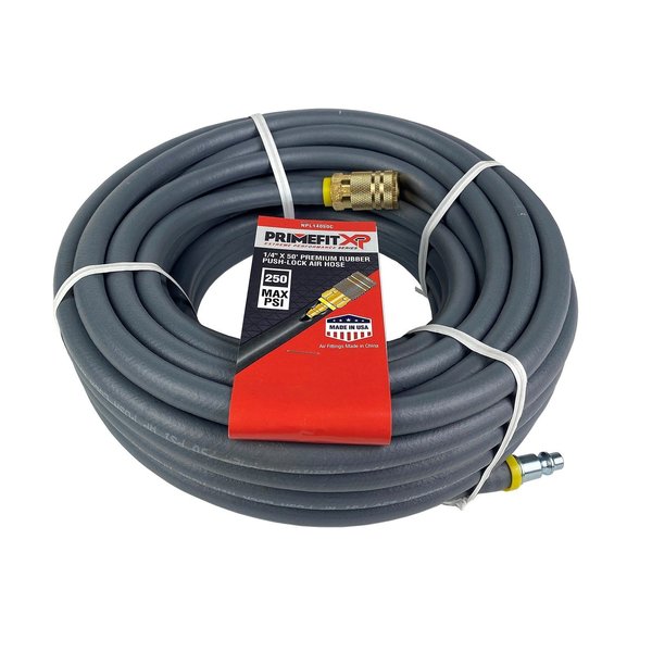 Primefit 1/4in x 50 Foot Premium Rubber Push Lock Air Hose with Coupler and Plug NPL14050C